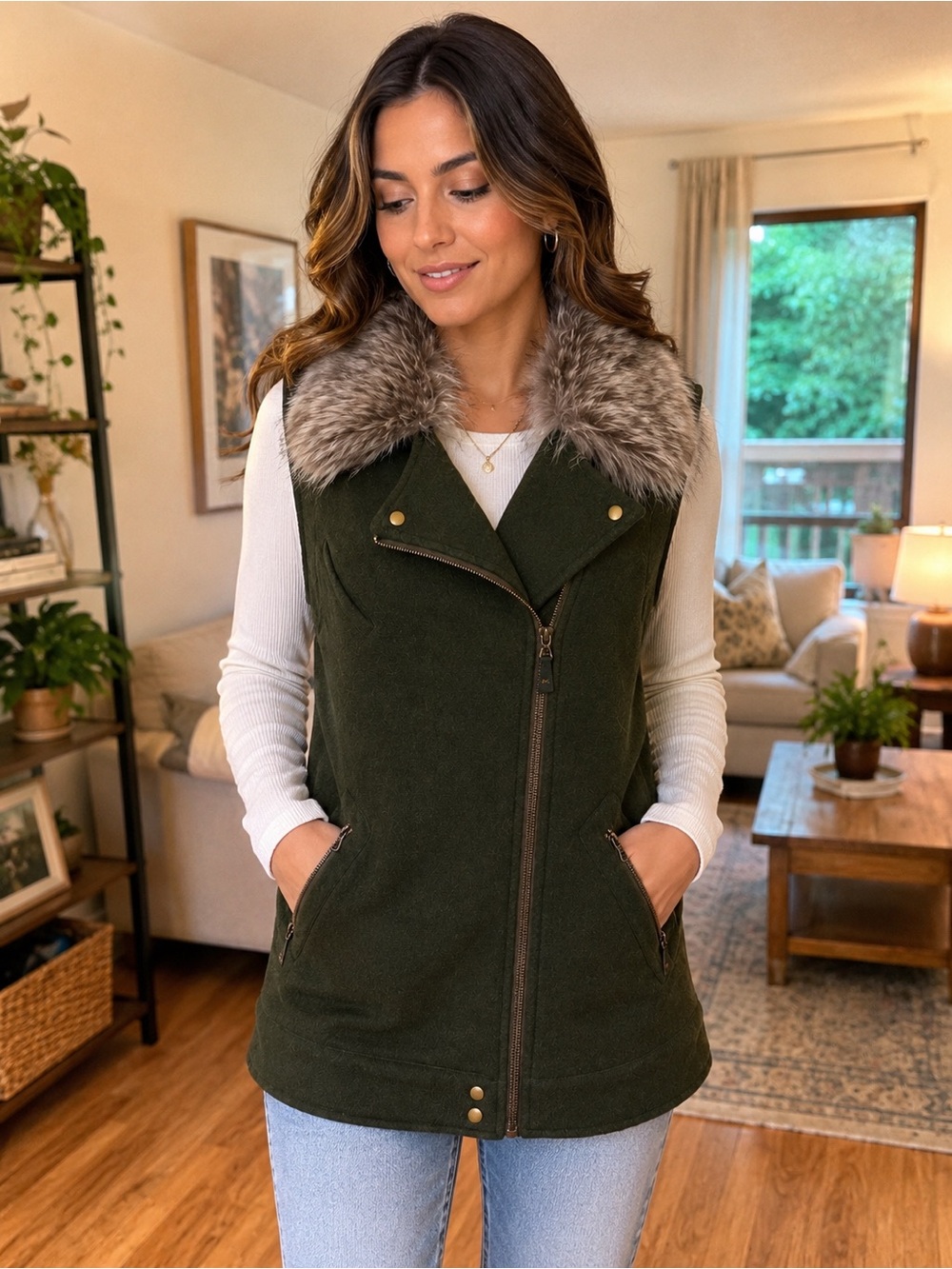 Elevenses Women’s L Olive Green Faux Fur Collar Crochet Back Moto Vest